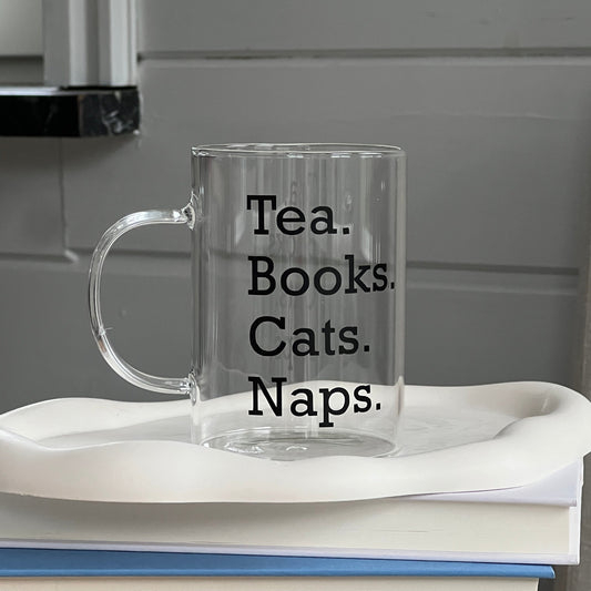Glas med handtag - Tea, books, cats, naps